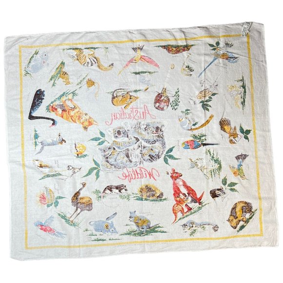 Vintage Wildlife Of Australia Linen Tablecloth Wall Hanging Koala Bear 52” X 45” - Picture 8 of 9